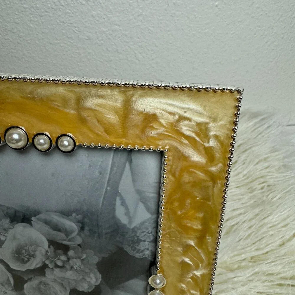 NEW Yellow Enamel Metal Picture Frame Decorated Pearl
